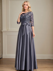 A-line Scoop Illusion Floor-Length Satin Lace Mother of the Bride Dress With Sequins Bow