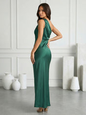 Green One Shoulder Tea Length Maxi Dresses with Pleat Mermaid Evening Dress