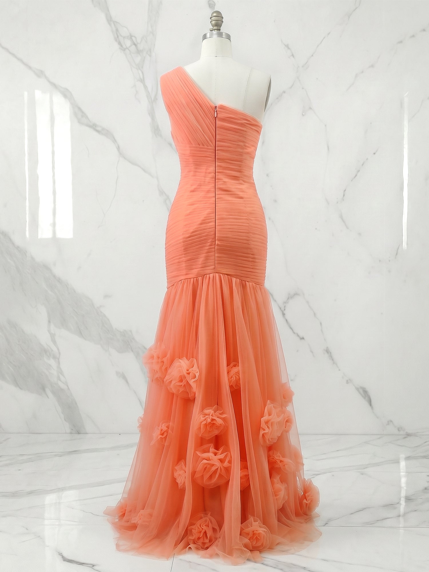 Sweetheart Tulle Pleat One Shoulder Mermaid Evening Dresses Gown with 3D Flower