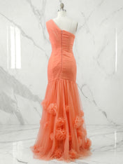 Sweetheart Tulle Pleat One Shoulder Mermaid Evening Dresses Gown with 3D Flower