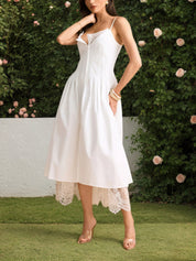 White Lace Trim Spaghetti Strap Midi Dress