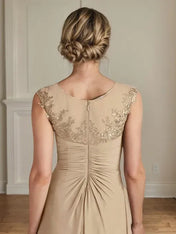 Champagne A-Line Scoop Lace Chiffon Dress