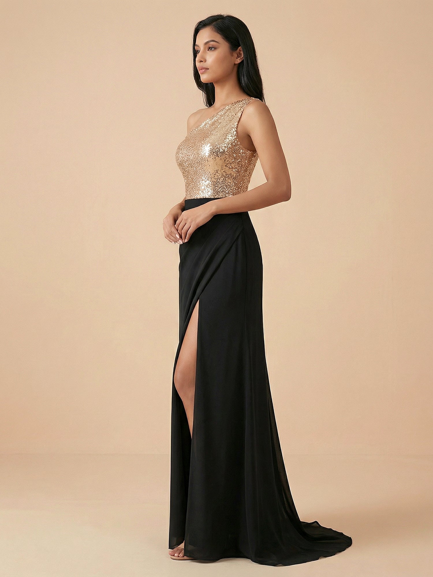 Elegant One-Shoulder Sequin Evening Gown with High Slit