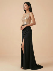 Elegant One-Shoulder Sequin Evening Gown with High Slit