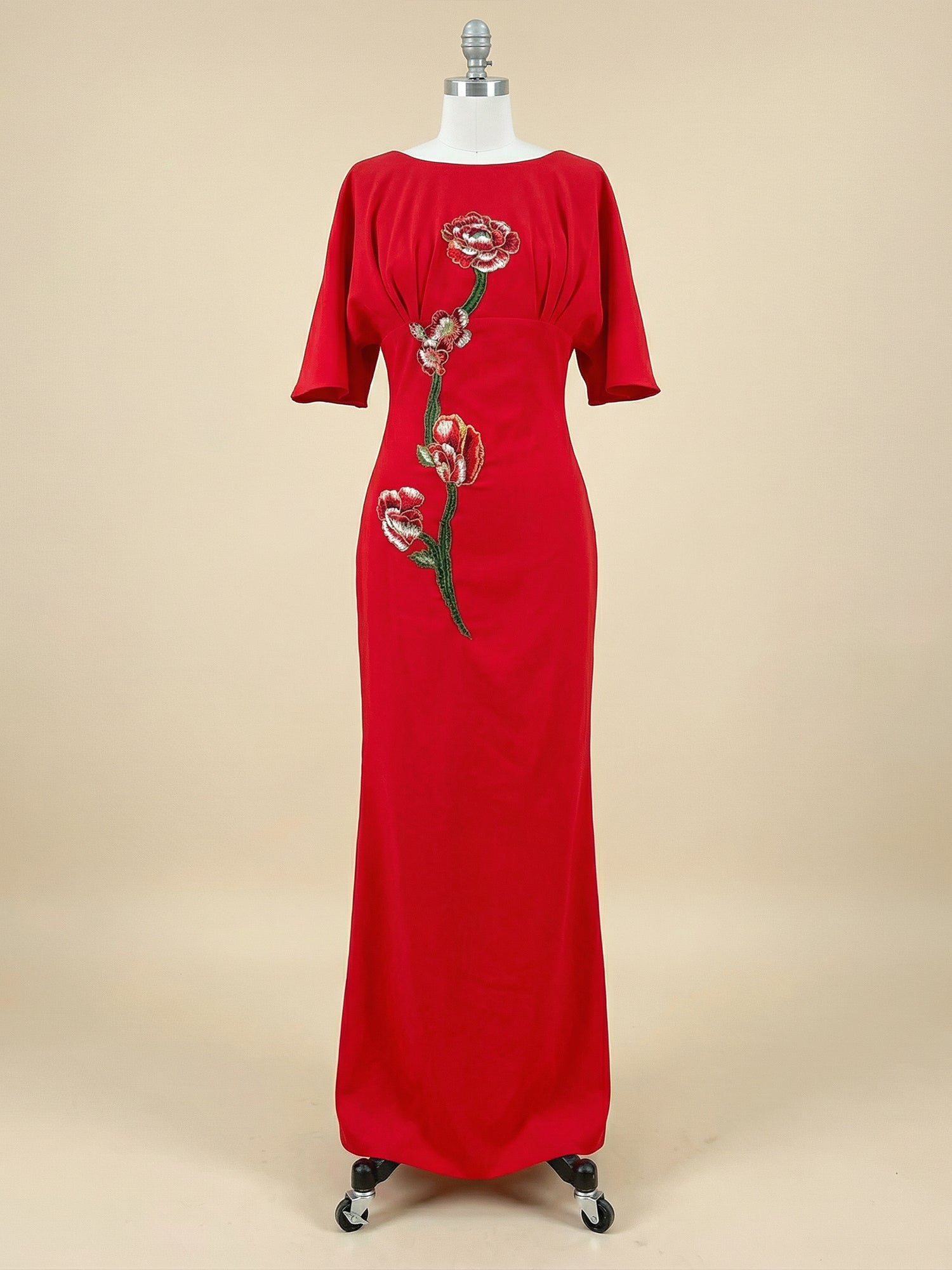 Red 3D Floral Appliqué Boat Neck Short Sleeve Backless Sheath Maxi Dress