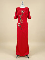 Red 3D Floral Appliqué Boat Neck Short Sleeve Backless Sheath Maxi Dress
