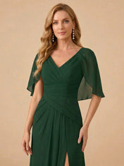 V-Neck Draped Cape Sleeve Chiffon Mermaid Mother of the Bride Dress with Slit
