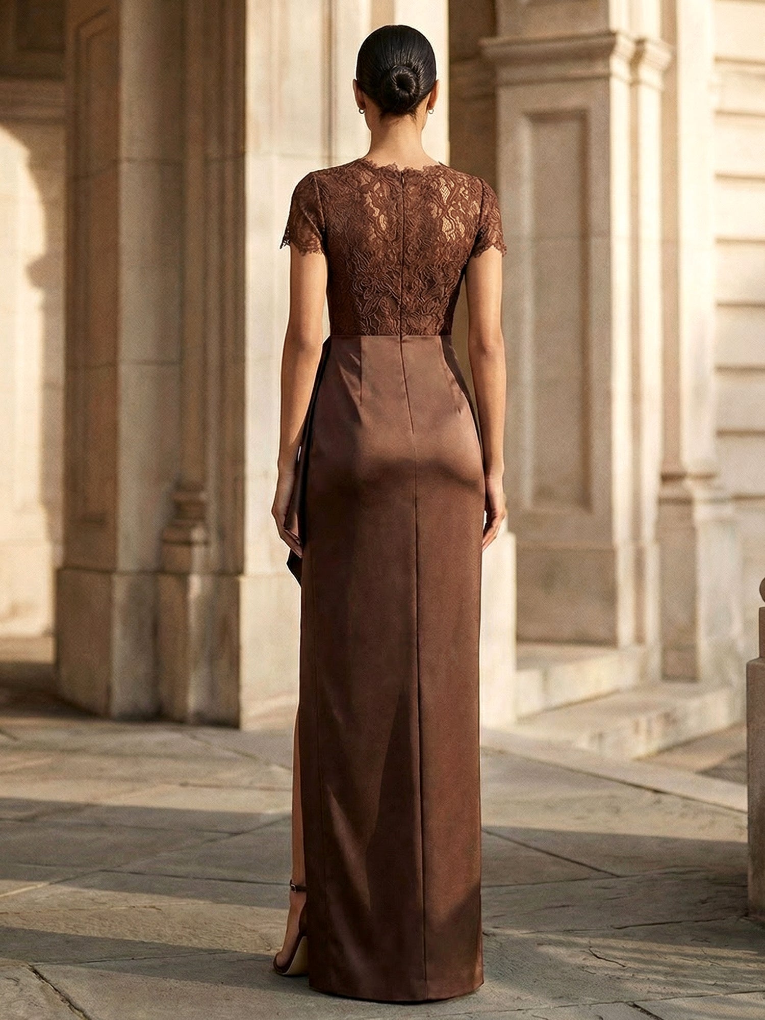 Chocolate Brown Lace Satin Maxi Dress Slit Evening Gown