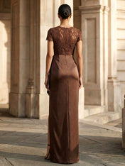 Chocolate Brown Lace Satin Maxi Dress Slit Evening Gown
