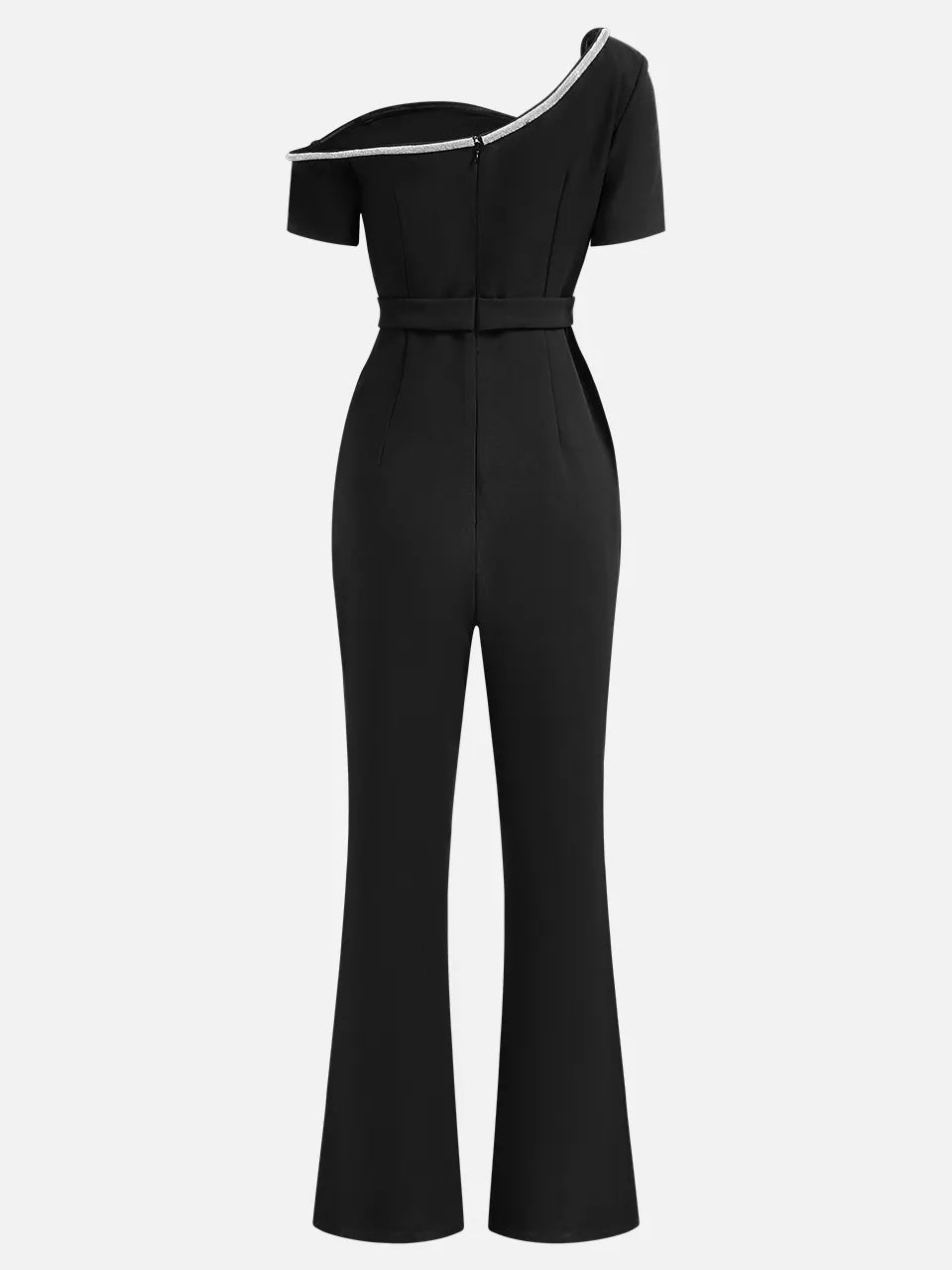 Women Black Asymmetrical Rhinestones Wide-Leg Jumpsuit