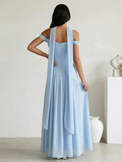 Light Blue Off the Shoulder Maxi Dresses with Scarf A Line Evening Dress