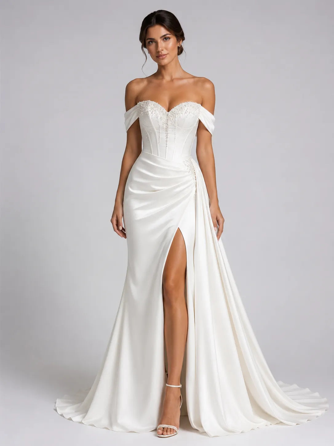 Elegant Off-Shoulder Satin Wedding Dress with Sweetheart Neckline, Side Slit and Chapel Train