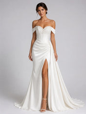 Elegant Off-Shoulder Satin Wedding Dress with Sweetheart Neckline, Side Slit and Chapel Train
