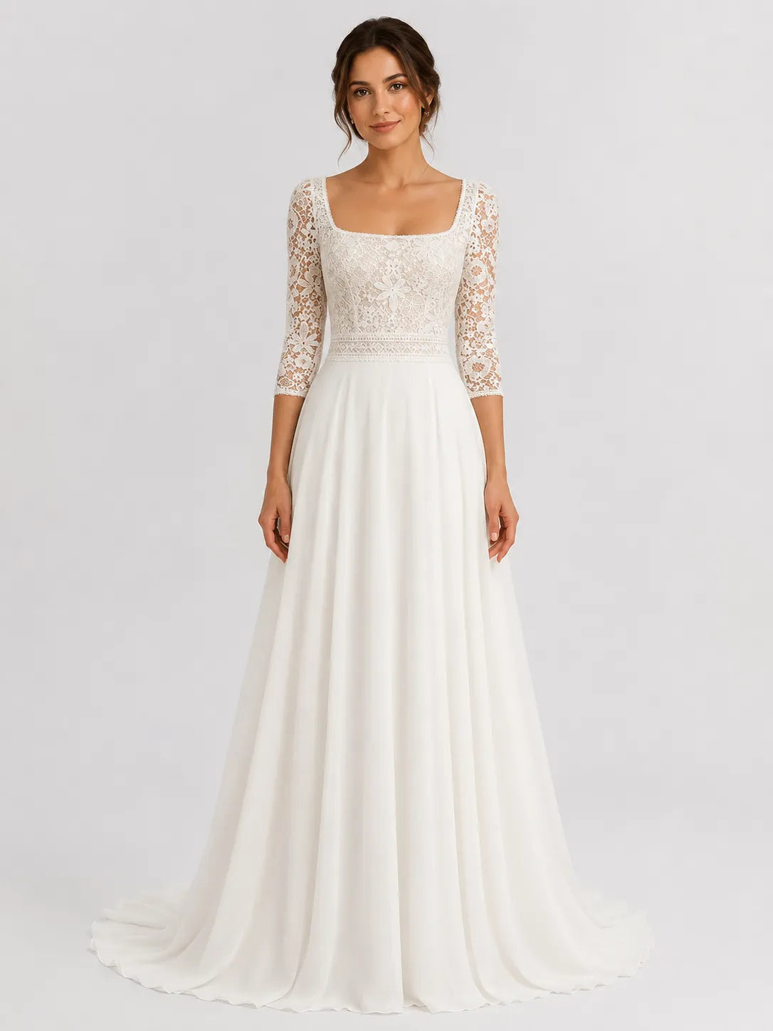 Elegant Square-Neck Lace A-Line Wedding Dress with 3/4 Sleeves and Low Scoop Back