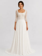 Elegant Square-Neck Lace A-Line Wedding Dress with 3/4 Sleeves and Low Scoop Back