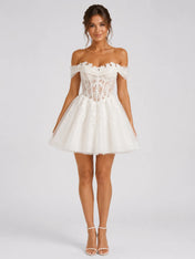 Elegant Off-Shoulder Lace Mini Wedding Dress with Floral Appliqués, Lace-Up Back and Tulle Skirt
