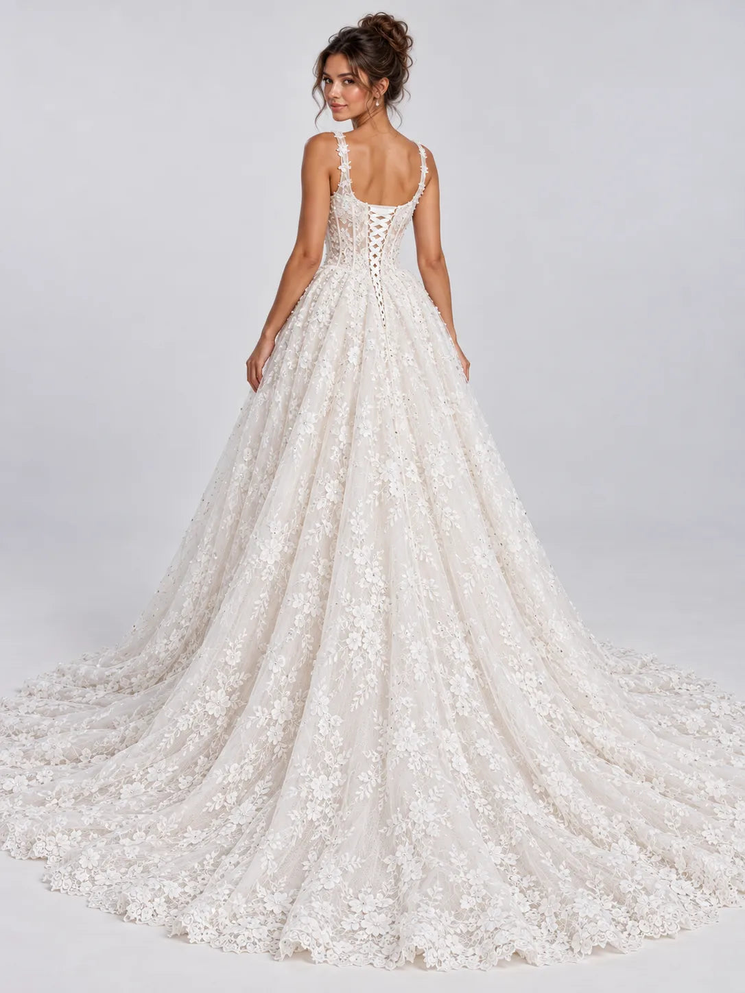 Square Neckline Beaded Lace Applique Ball Gown Wedding Dress