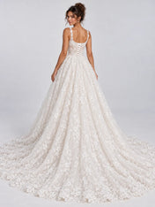 Square Neckline Beaded Lace Applique Ball Gown Wedding Dress