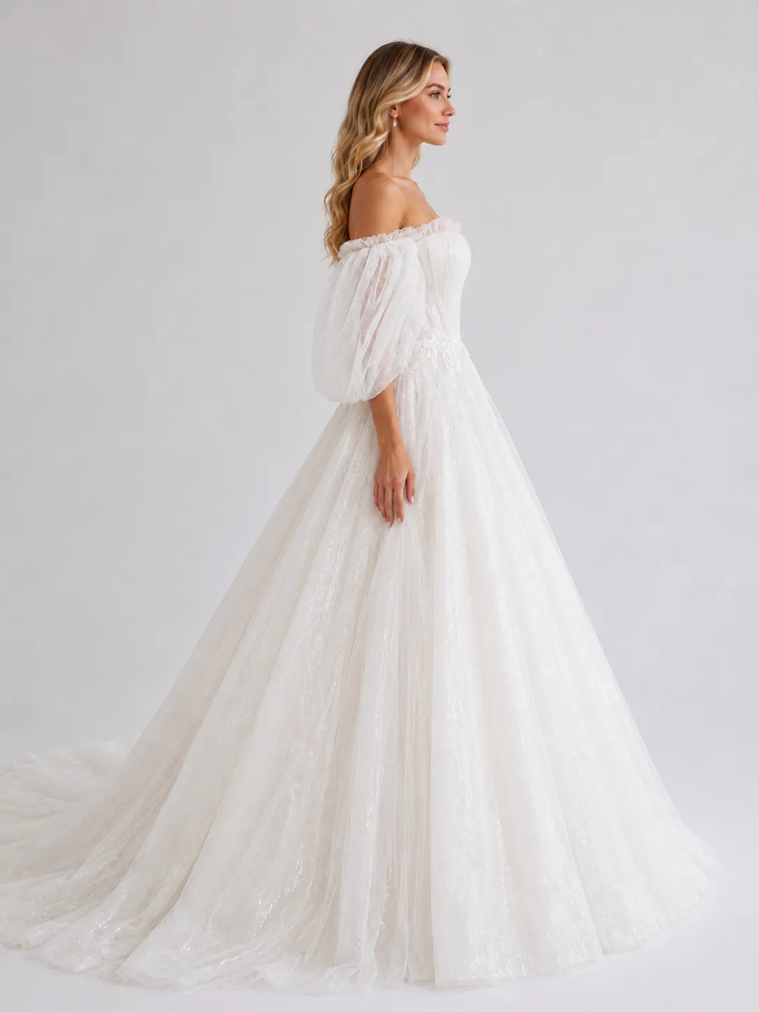 Romantic Off-the-Shoulder Puff Sleeve Glitter Tulle Ball Gown Wedding Dress with Floral Appliqué and Chapel Train