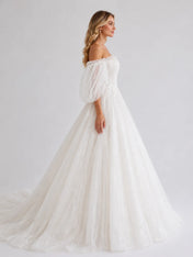 Romantic Off-the-Shoulder Puff Sleeve Glitter Tulle Ball Gown Wedding Dress with Floral Appliqué and Chapel Train