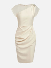 White Imitation Pearls Satin Boat Neck Cap Sleeve Sheath Midi Dress