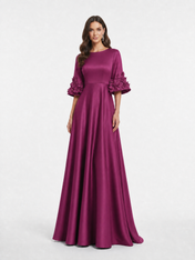 Solid Satin A-Line/Princess Bateau Neck Floor-Length Evening Dresses with 3D Floral Bell Sleeves