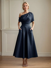 A Line Satin One Shoulder Pleated Ankle Length Mother of the Bride Dress