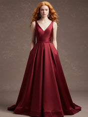 Burgundy Sheath/Column V-Neck Floor-Length Satin Prom Dress