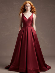 Burgundy Sheath/Column V-Neck Floor-Length Satin Prom Dress