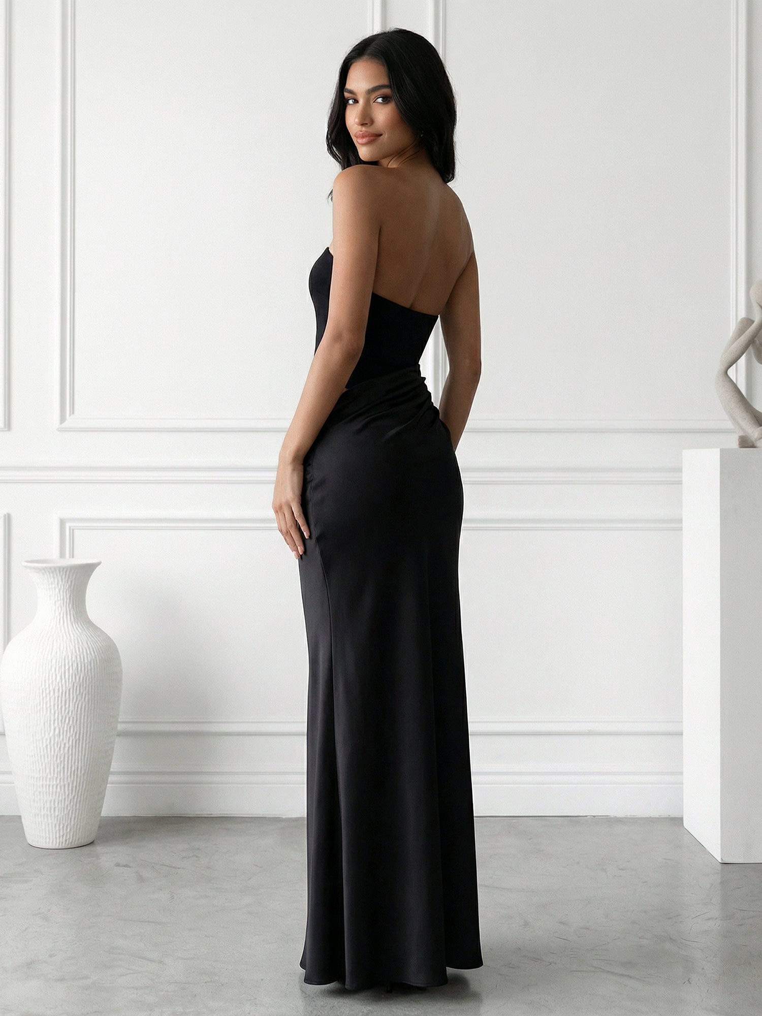 Black Hollowed Strapless Mermaid Maxi Dresses with Pleat
