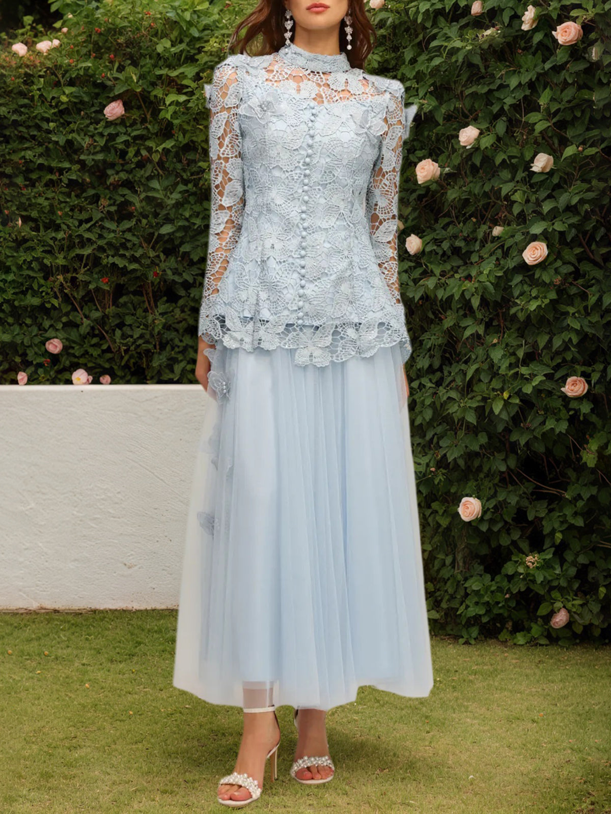 Blue Long Sleeve Folds Lace Butterfly Top And Skirt Two-Piece Set