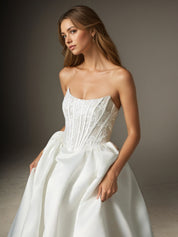 White A-line Strapless Lace Sweep Train Wedding Dress