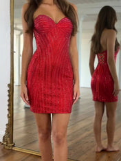 Strapless Sweetheart Neck Sequin Bodycon Mini Dress Homecoming Dress