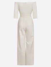 Women White Off The Shoulder Half Sleeve Dressy Jumpsuit