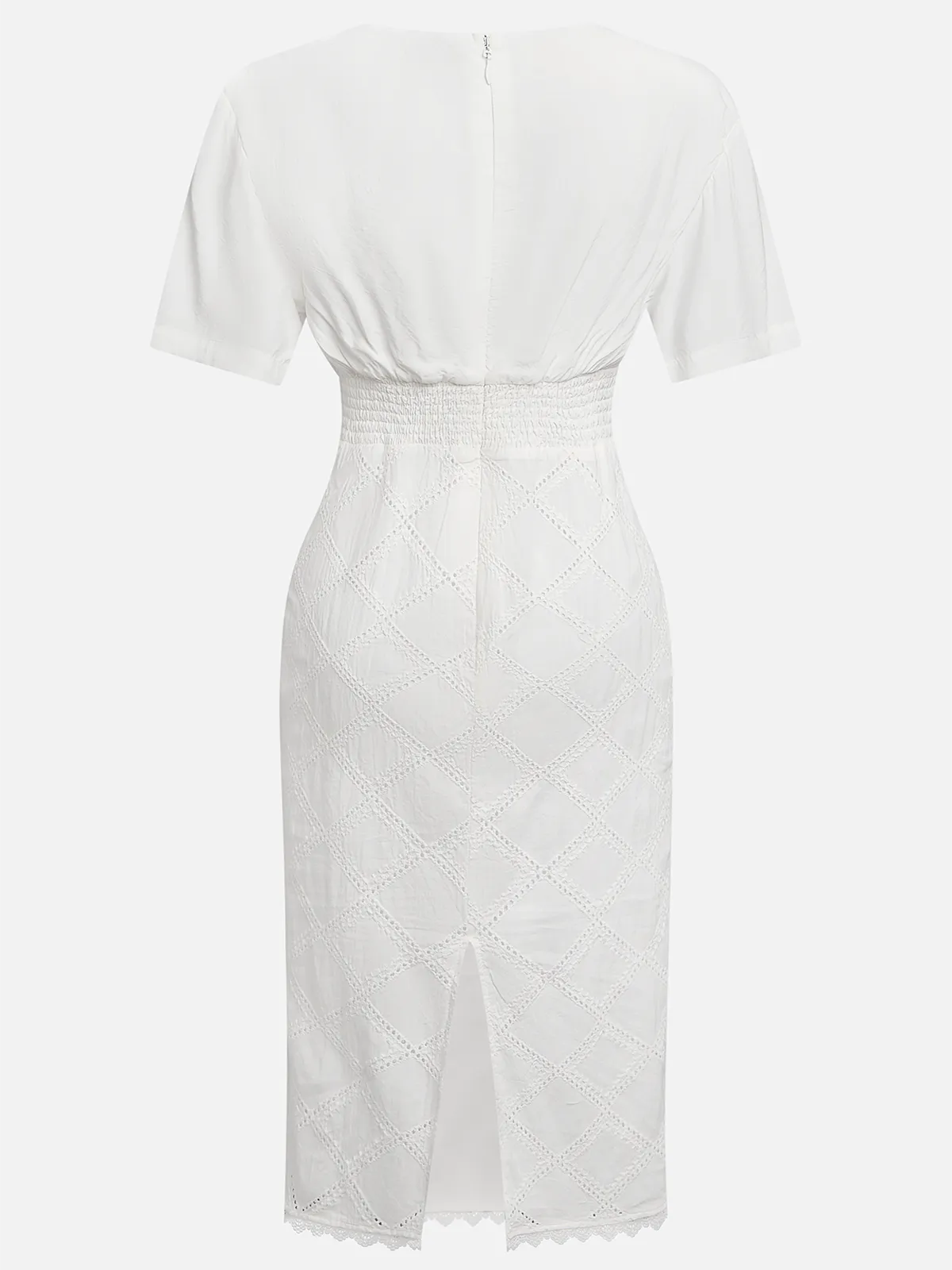White Hollow Out Plaid Classic V Neck Short Sleeve Sheath Midi Dress