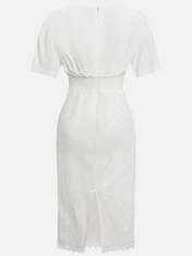 White Hollow Out Plaid Classic V Neck Short Sleeve Sheath Midi Dress