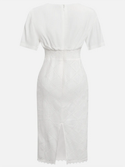 White Hollow Out Plaid Classic V Neck Short Sleeve Sheath Midi Dress