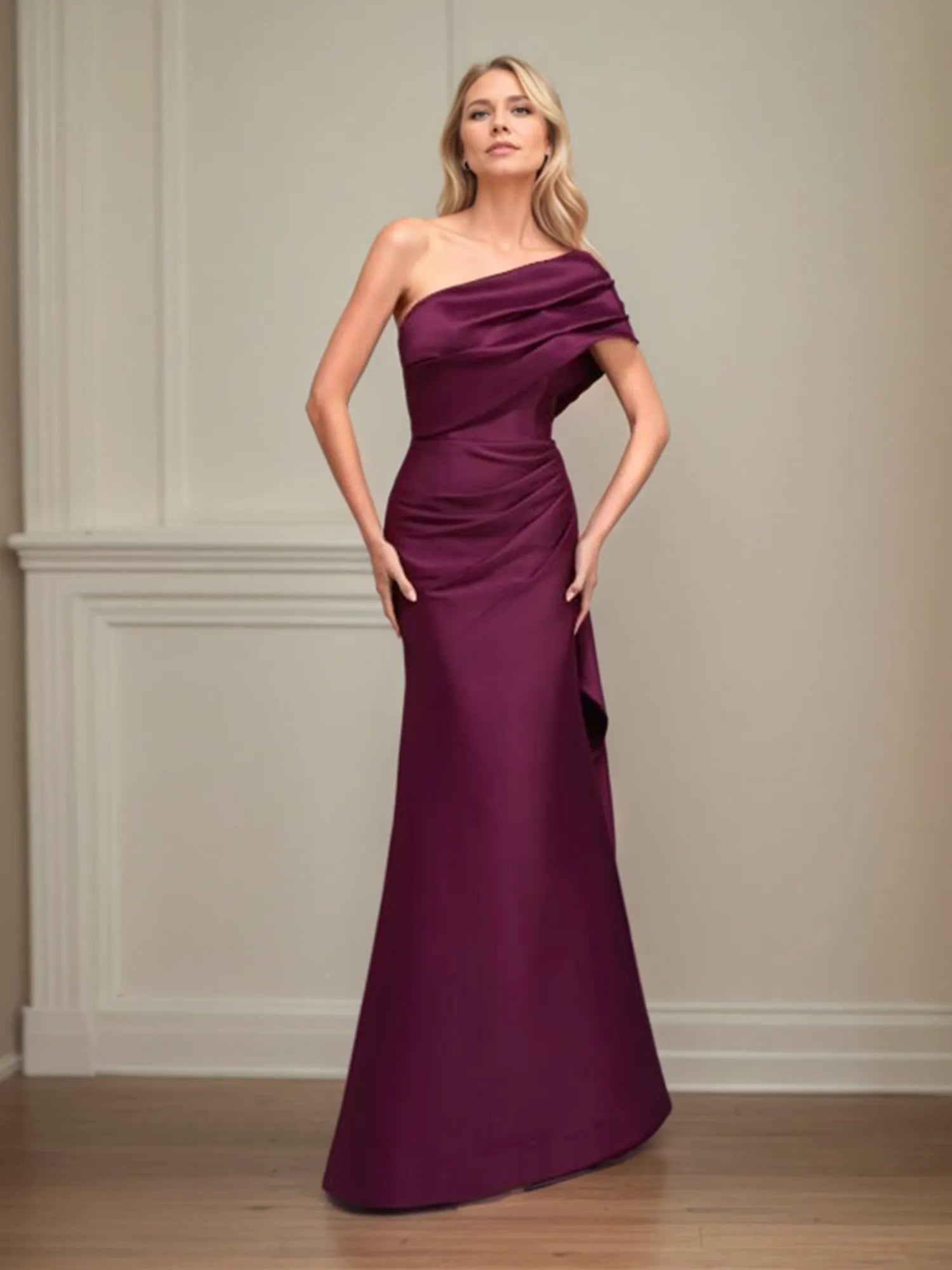 Mermaid One Shoulder Sleeveless Satin Mother of the Bride Dress With Ruched