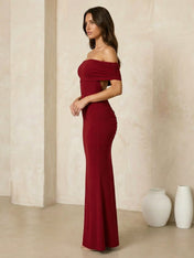 Red Off the Shoulder Maxi Dresses with Pleat Mermaid Evening Dress