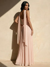 Strapless Satin Maxi Dresses with Scarf A Line Slit Evening Dress