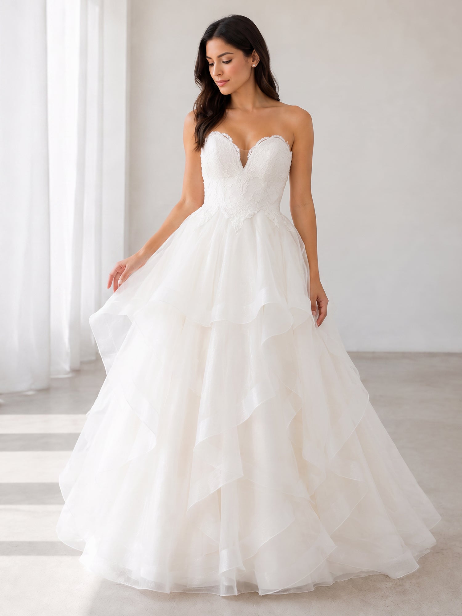 Elegant Strapless White Lace and Tiered Organza A-Line Wedding Dress with Chapel Train