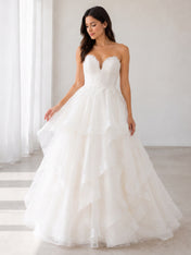Elegant Strapless White Lace and Tiered Organza A-Line Wedding Dress with Chapel Train