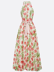 Pink Pleated Floral Chiffon Halter Sleeveless A-Line Mock Neck Maxi Dress