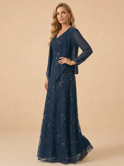 A-Line Sequin Embroidered V-Neck Mother of the Bride Gown with Matching Jacket