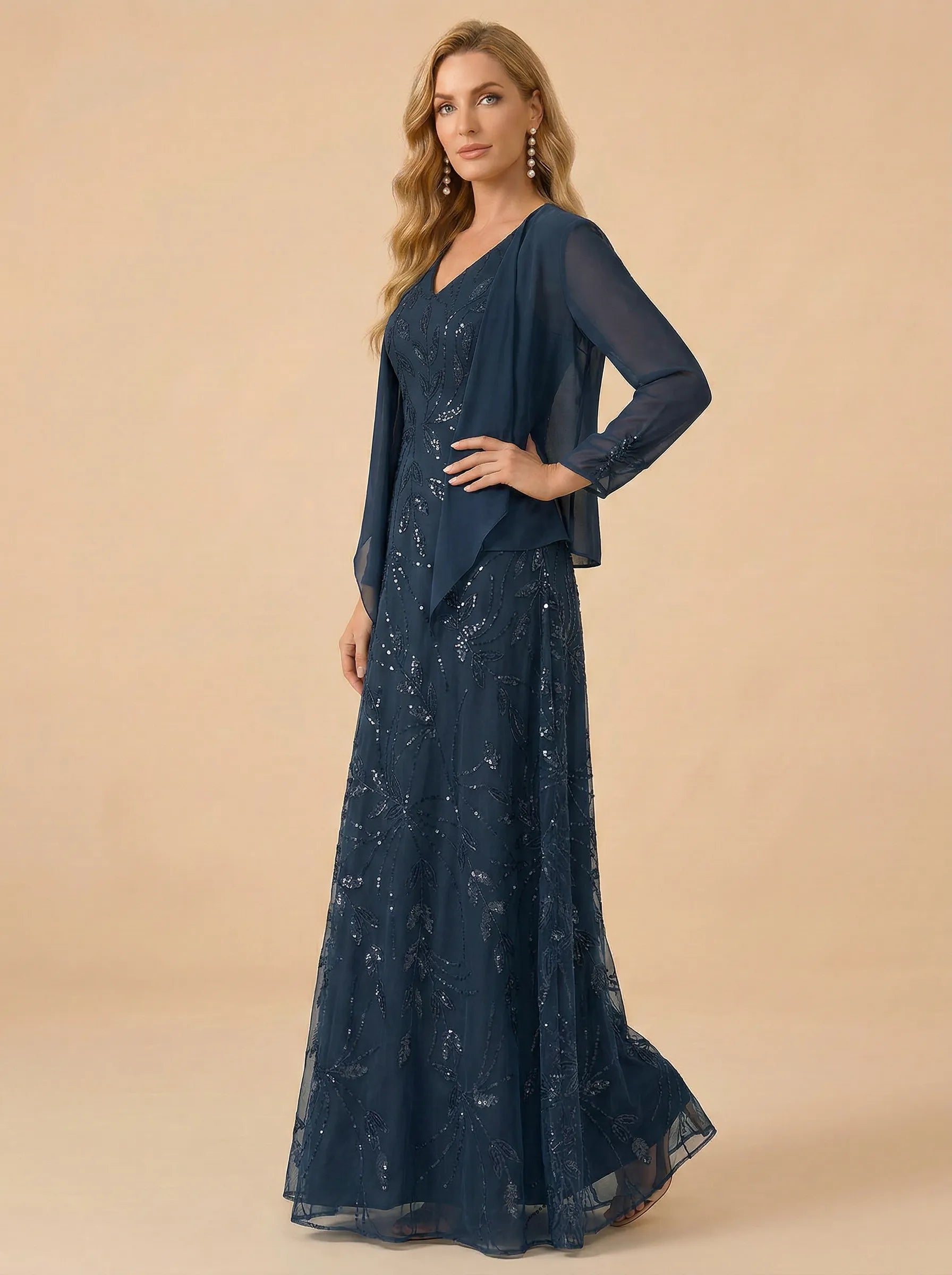 A-Line Sequin Embroidered V-Neck Mother of the Bride Gown with Matching Jacket