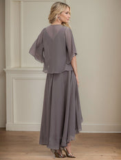 A-line V-Neck Asymmetrical Chiffon Mother of the Bride Dress With Beading Sequins