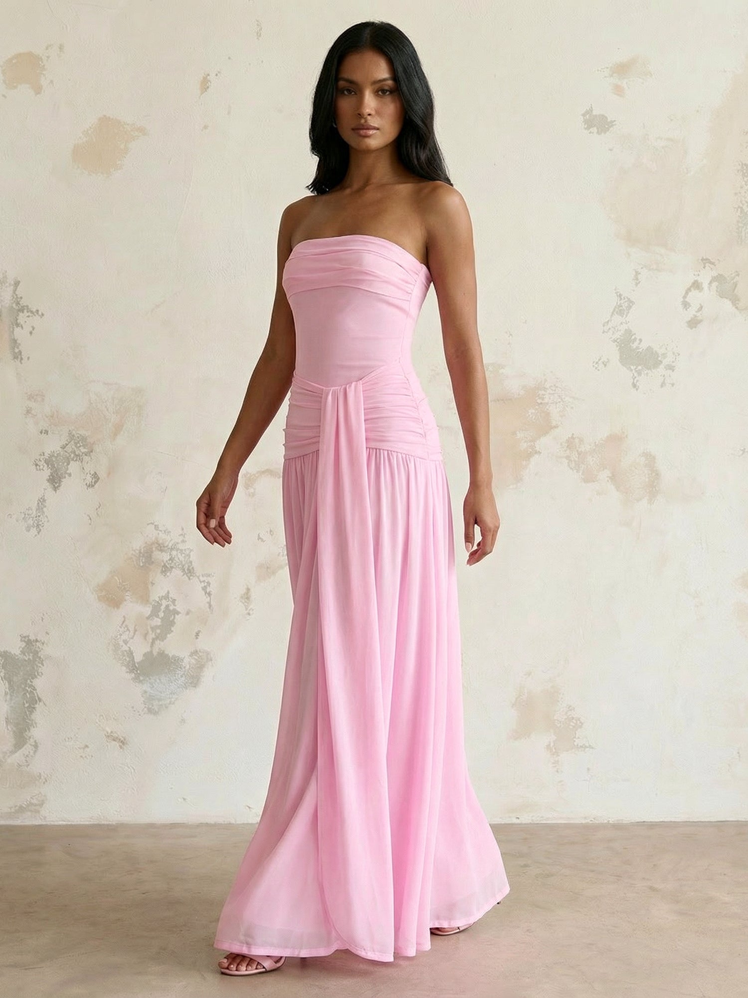 Pink Strapless A Line Chiffon Maxi Dress with Pleat