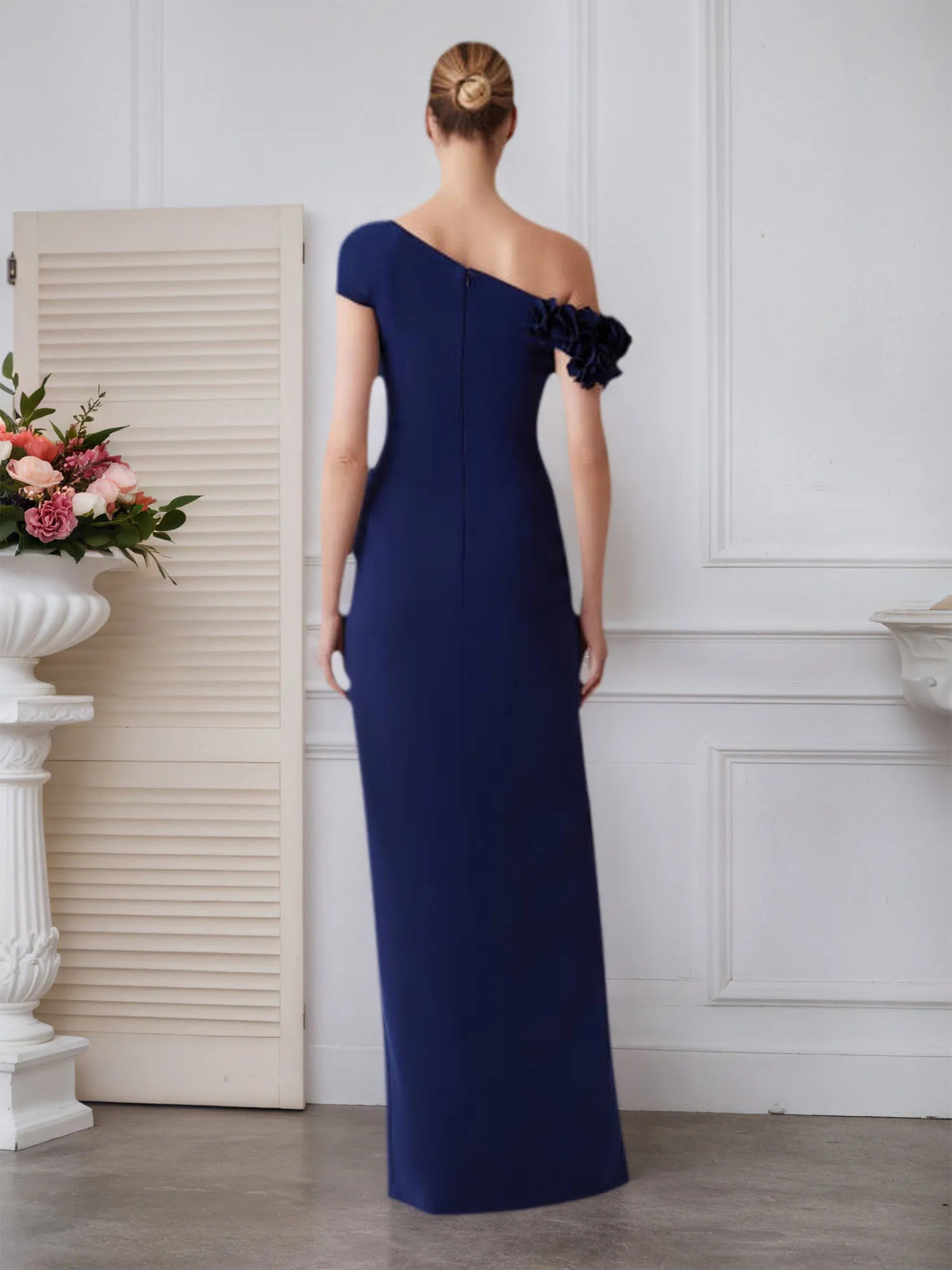 Stretch Crepe One Shoulder 3D Floral Floor-Length Evening Dress