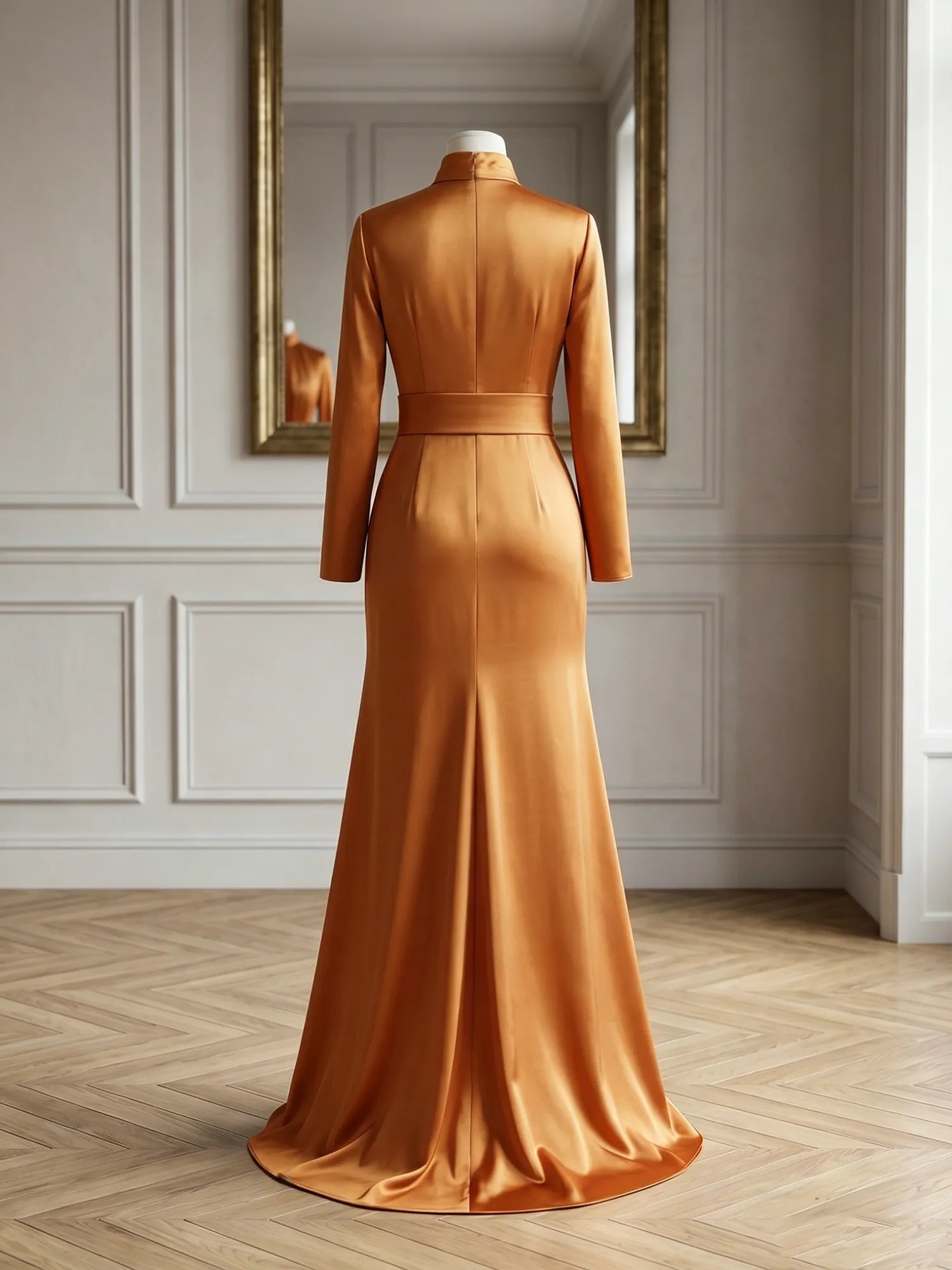 High Neck Long Sleeve Pleated Satin Mermaid Evening Gown with Belted Waist