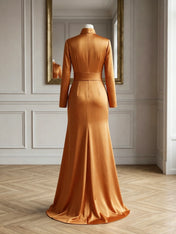 High Neck Long Sleeve Pleated Satin Mermaid Evening Gown with Belted Waist